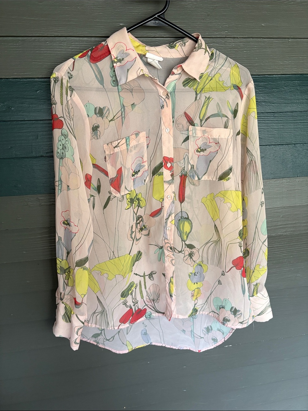 H&M Sheer Floral Button-Down Blouse in Light Pink with Multicolor Print